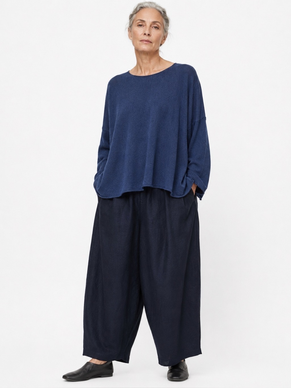 Eskandar Sweater Oversized Navy Knit Boxy Minimalist Lagenlook Luxury OS